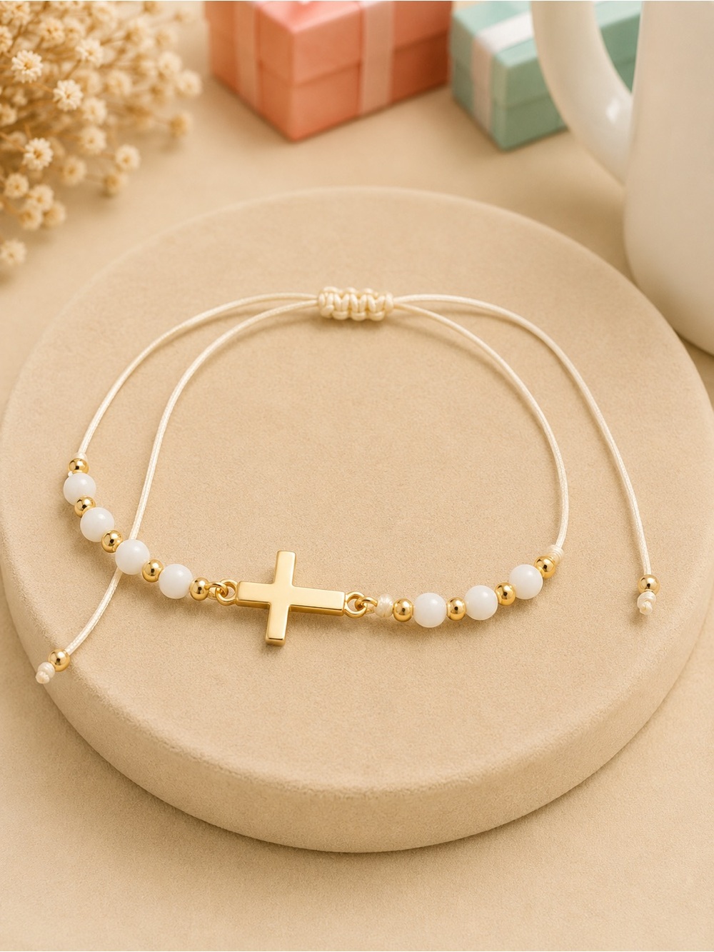Adjustable White and Gold Cross Bead Bracelet - Women Jewelry
